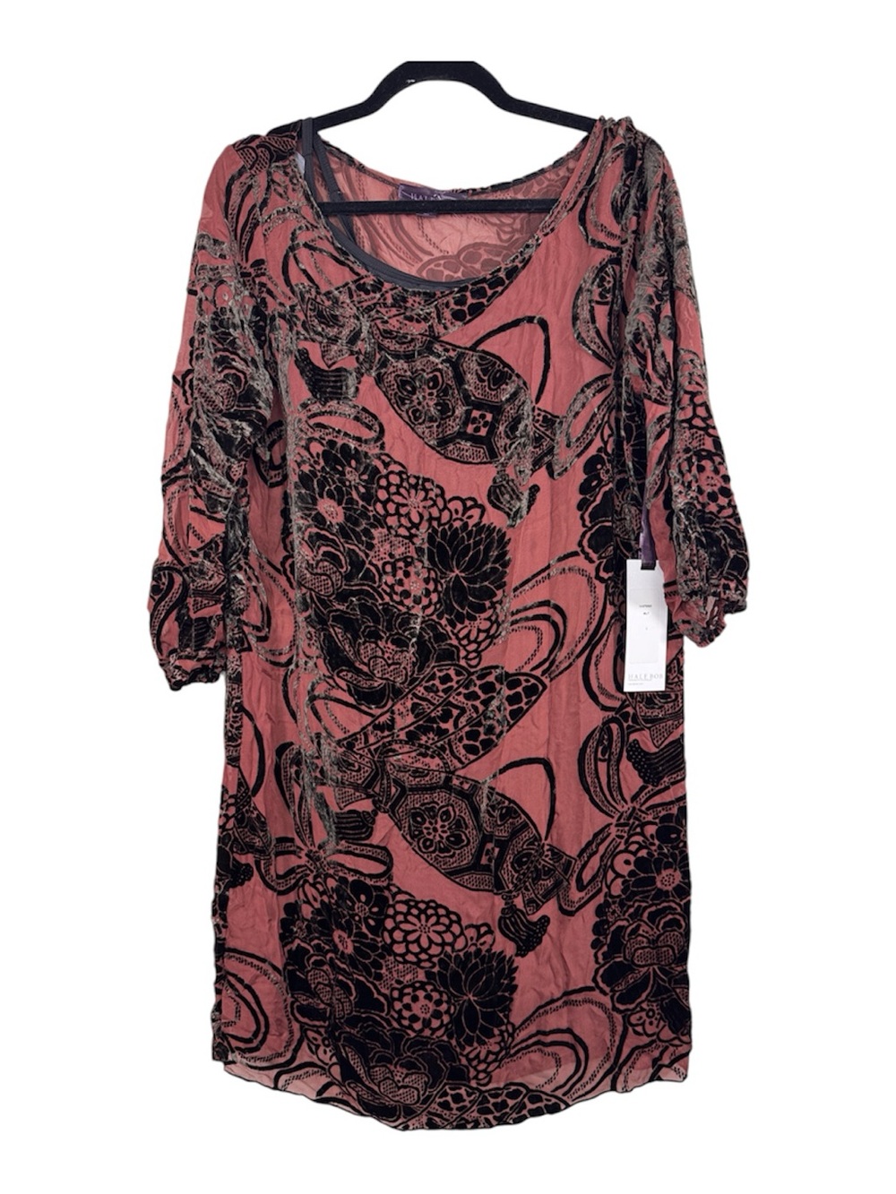 Hale Bob Brown Black Velvet Burnout Mini Dress Womens L Boho Shift Casual Sheer